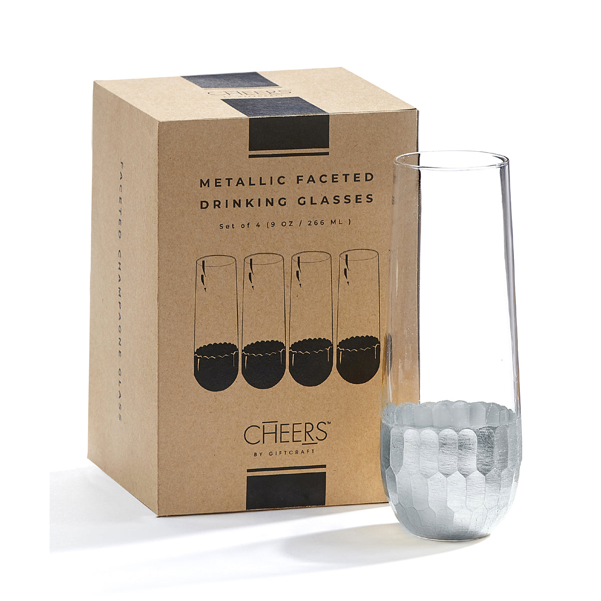Faceted Silver & Glass Drinking Glasses, Set of 4