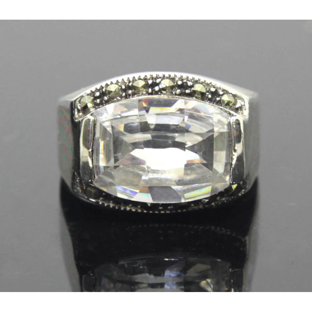 Sterling Silver Diamond Zirconia Marcasite Ring Size 7.5