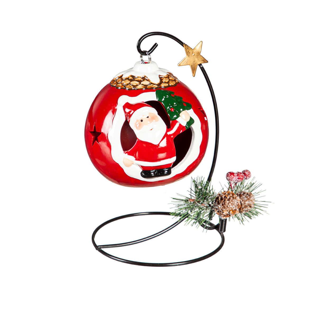 Ceramic Ornament with Metal Stand, Santa/Snowman, 4" LED