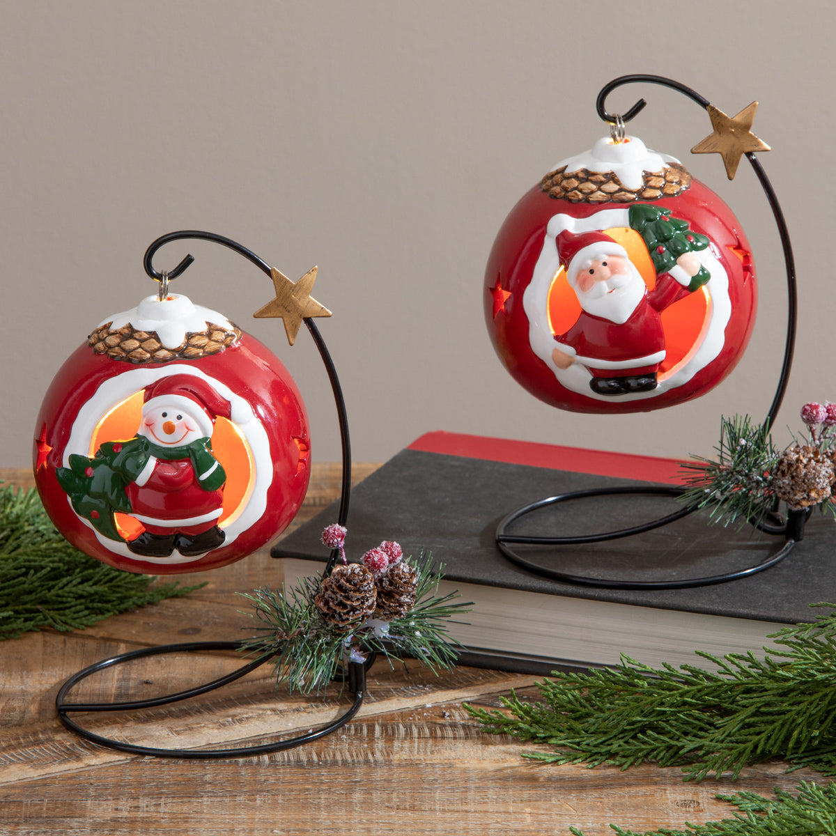 Ceramic Ornament with Metal Stand, Santa/Snowman, 4" LED