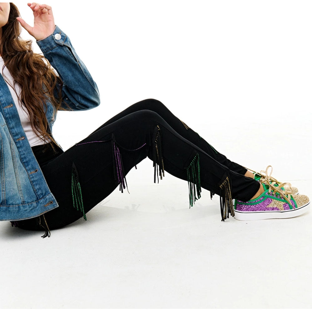 Mardi Gras Rhinestone Tassel Leggings Adult