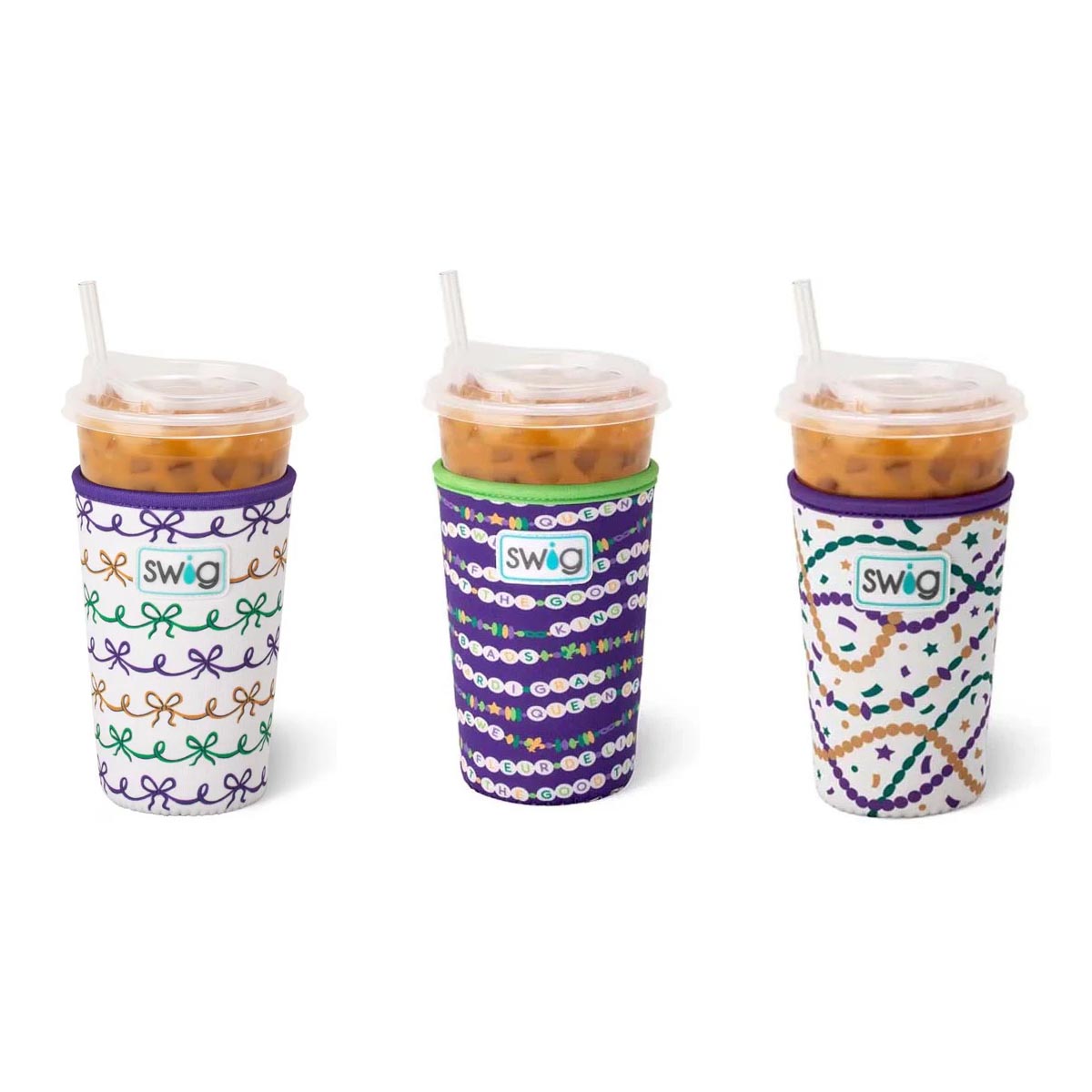 Mardi Gras Iced Cup Coolie, 3 designs 2 sizes