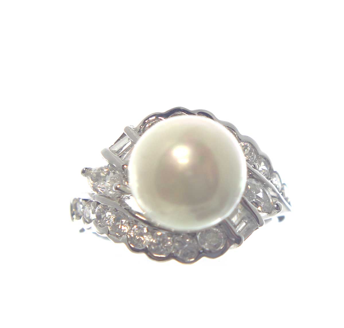 Sterling Silver Pearl  CZ's Ring  Size 6