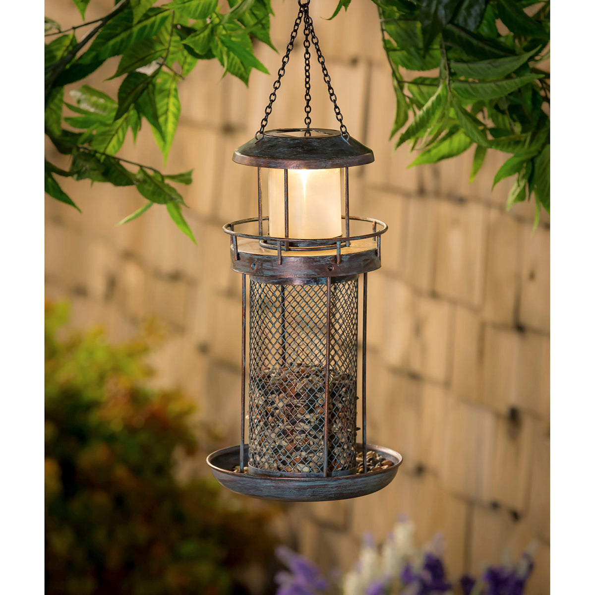 Lighthouse Bronze Metal Bird Feeder, Solar