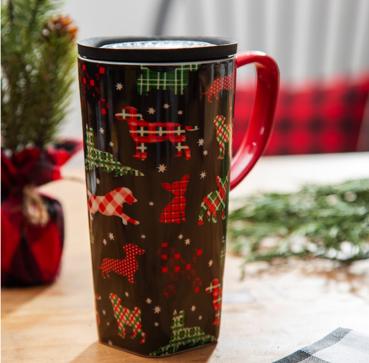 Ceramic FLOMO 360 Travel Cup, Plaid Dogs