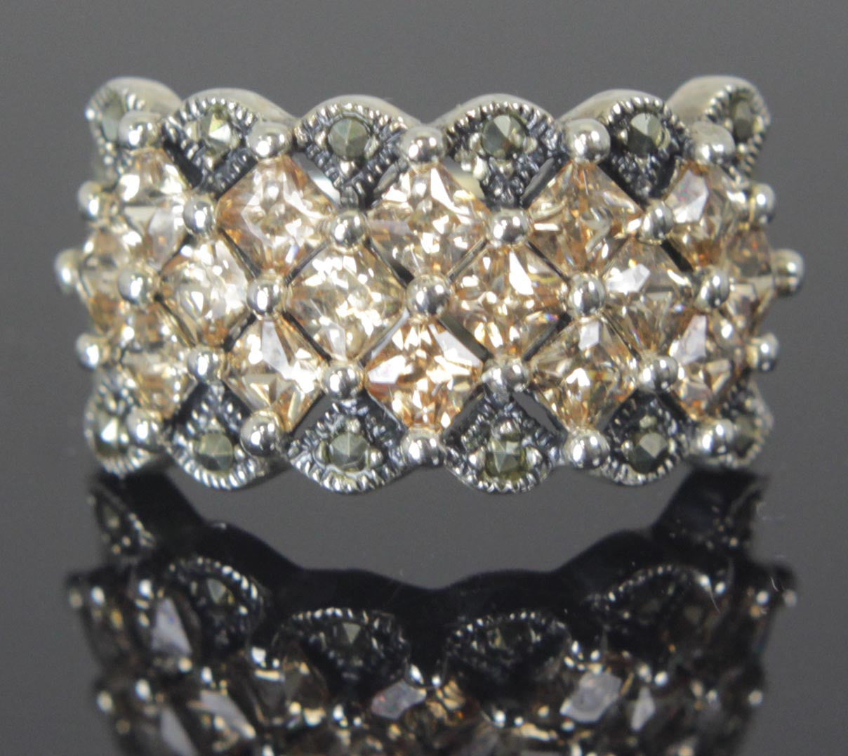 Sterling Silver Topaz Marcasite Zirconia Ring Size 9