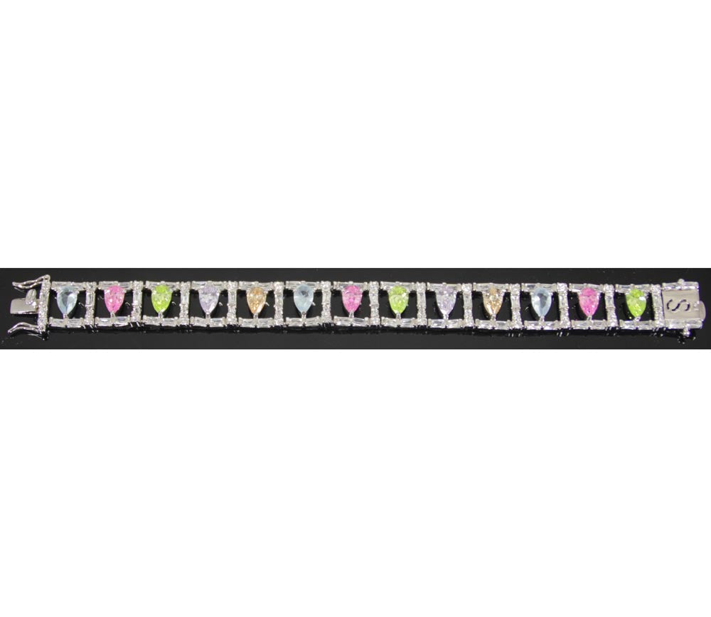 Sterling Silver Bracelet Multi Color Pear Zirconia 7"