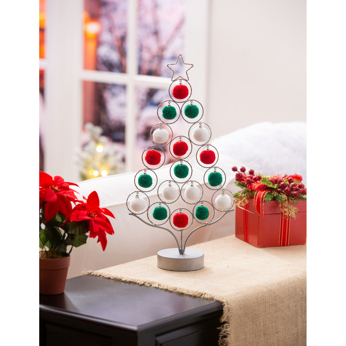 Metal Tree with Pom Pom Ornaments Table Décor