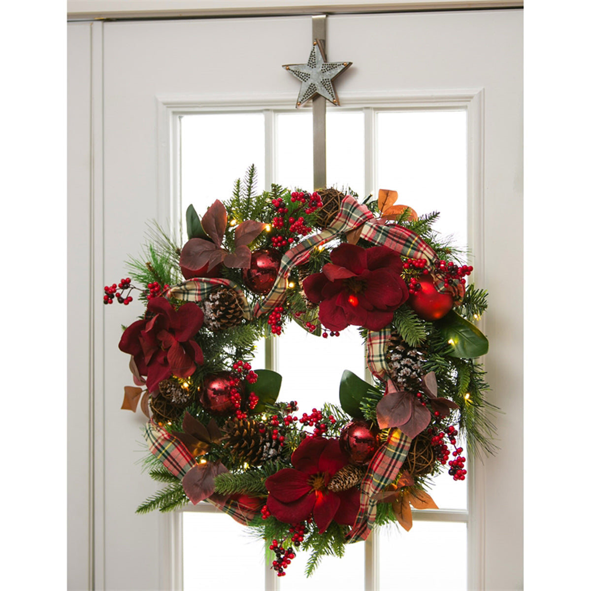 Wreath with Plaid Ribbon, Red Ornaments, Berries, and Pinecone, LED, 24"