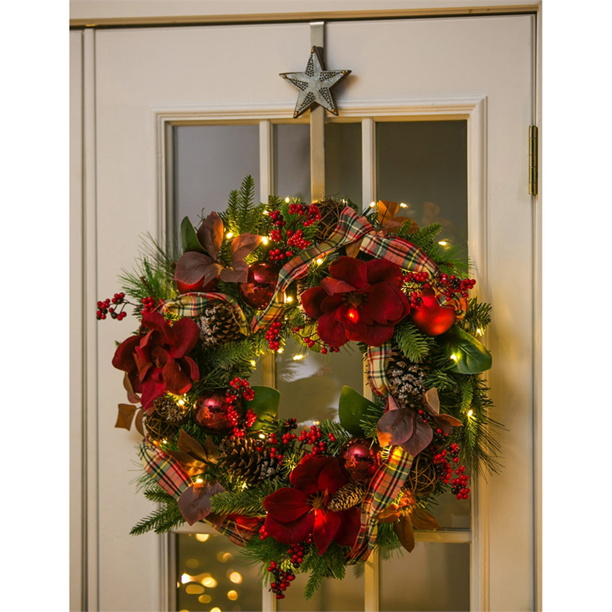 Wreath with Plaid Ribbon, Red Ornaments, Berries, and Pinecone, LED, 24"