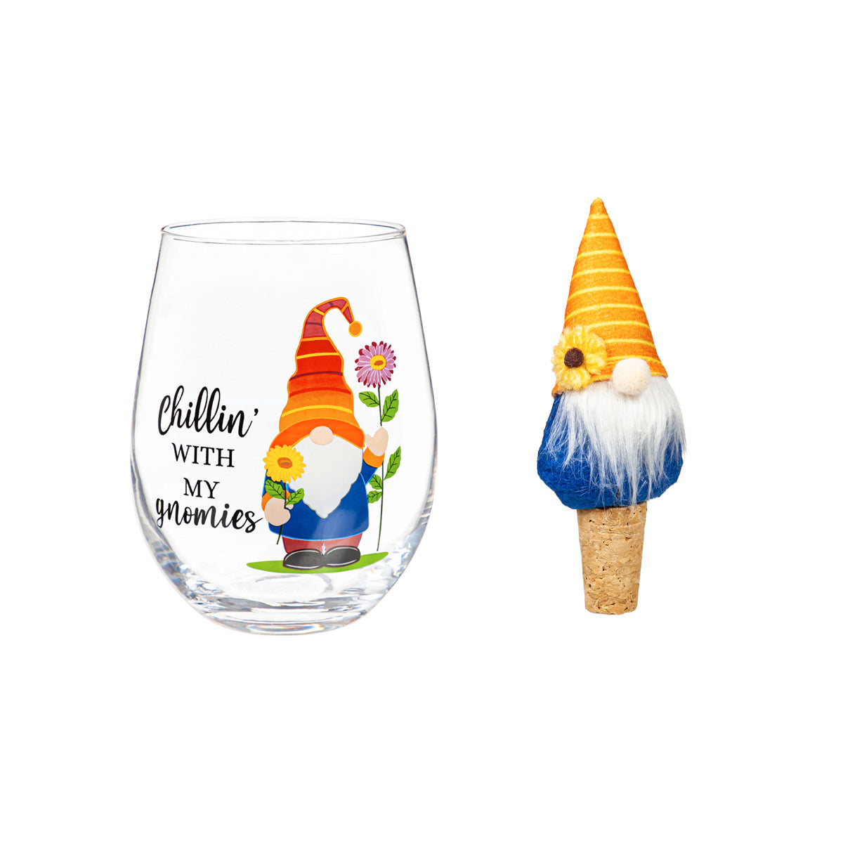 Stemless Glass with Garden Gnome Stopper, Chillin with my Gnomies, Gift Set